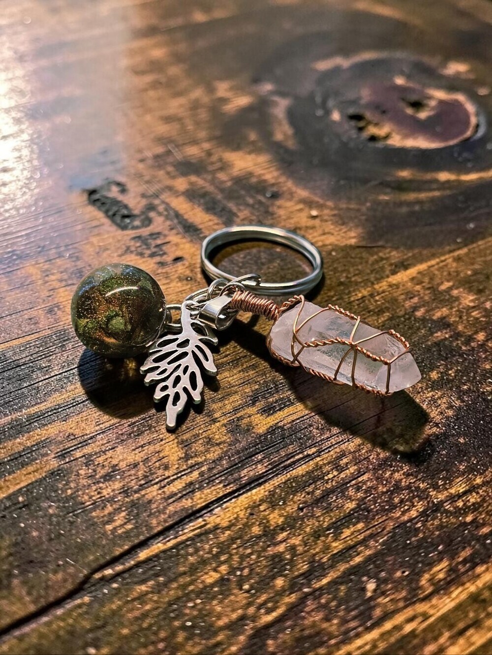 Handcrafted Rose Quartz & Resin Orb Keychain with Leaf Charm - Pink, Gold Accent